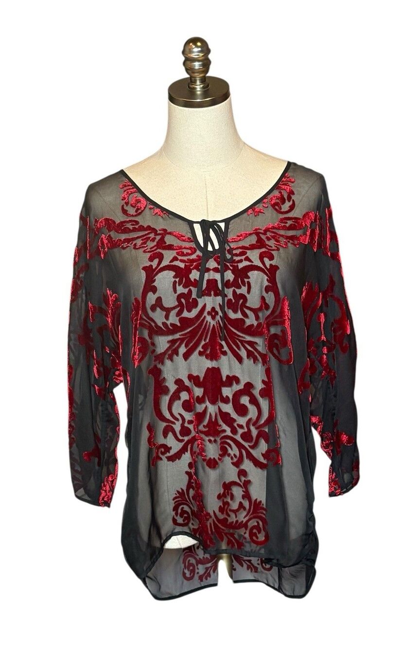 Chico’s Floral Velvet Burnout Blouse Black Sheer Whimsigoth Tunic Ladies 1 (M)